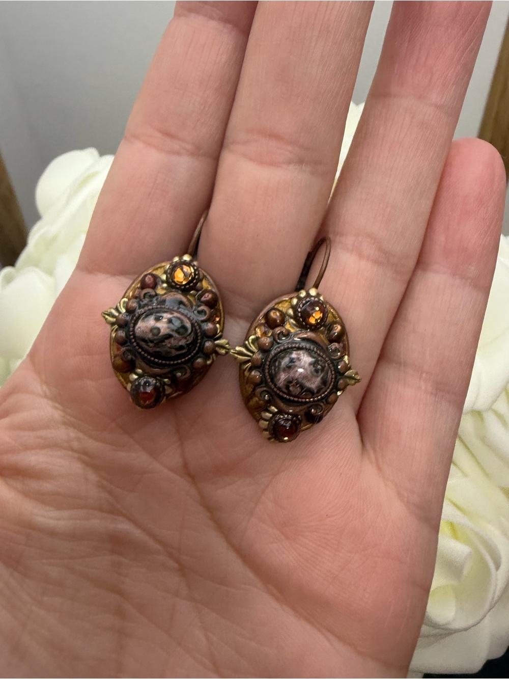 Antique Brass-Tone Amber and Rust Drop Earrings